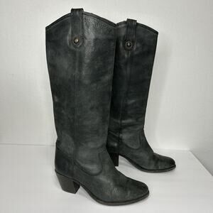 Frye 76575 Tall Jackie Button Black Leather Boot Size 7.5 B Pull on Heel